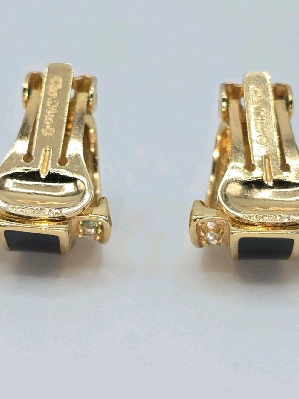 VTG Dior Gold Tone Black Enamel Rhinestone Clip Earrings Half Hoop Signed - Picture 10 of 16